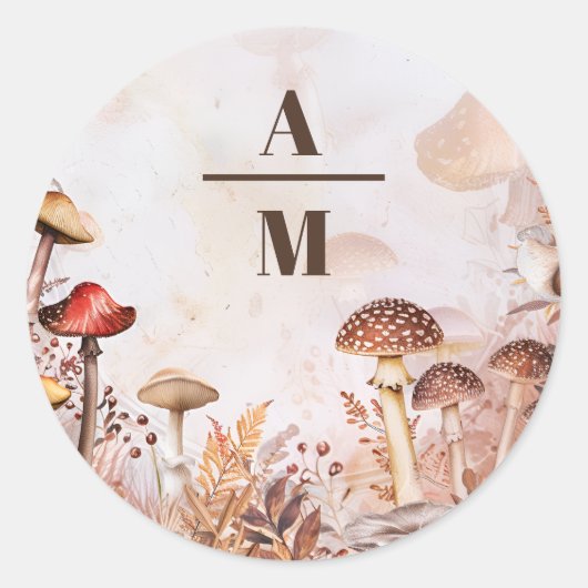 Monogram Paddenstoel Toadstoel Betoverd Bos Huweli Ronde Sticker (Voorkant)