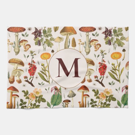 Monogram paddenstoel Wildbloempatroon Theedoek (Horizontaal)