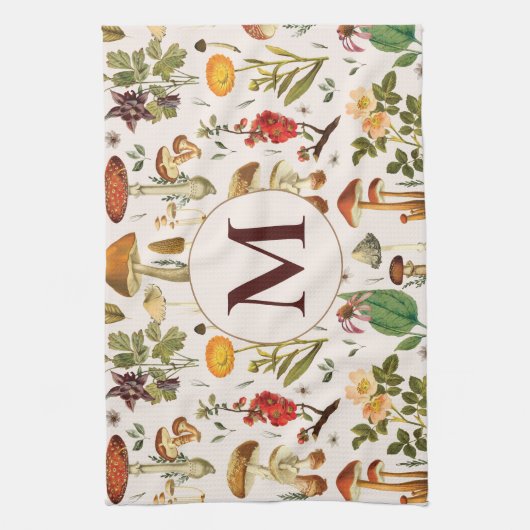 Monogram paddenstoel Wildbloempatroon Theedoek (Verticaal)