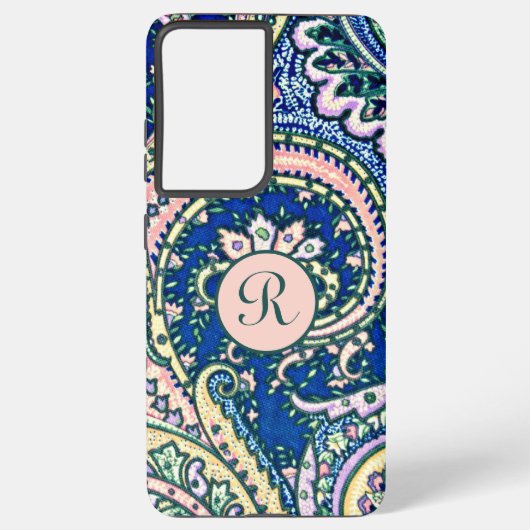 Monogram Paisley Blue Sage Green Blush Pink Samsung Galaxy Hoesje (Achterkant)