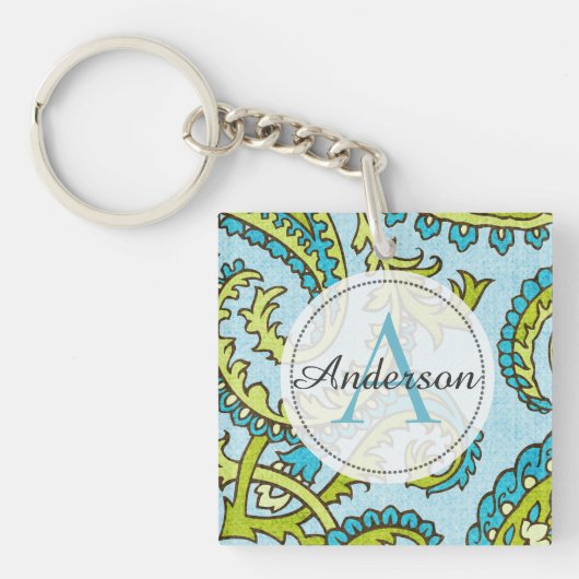 Monogram Paisley Colorful Aqua Boho Trendy Chic Sleutelhanger (voorkant)