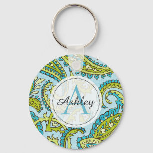 Monogram Paisley Colorful Aqua Boho Trendy Chic Sleutelhanger
