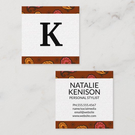 Monogram | Paisley motief Vierkante Visitekaartje (Voorkant / Achterkant)