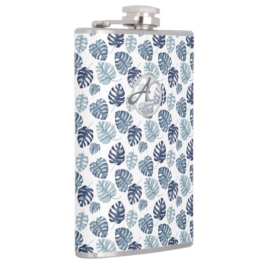 Monogram Palmblad Azure Navyblauw Tropisch Decor Heupfles (Rechts)