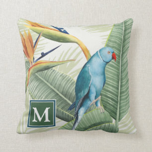 Monogram   Palmbladeren met blauwe vogel Kussen