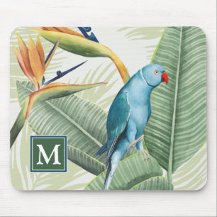 Monogram   Palmbladeren met blauwe vogel Muismat