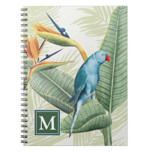 Monogram   Palmbladeren met blauwe vogel Notitieboek