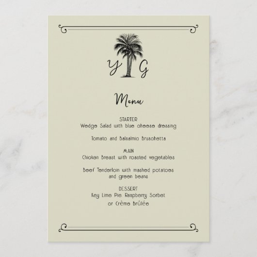 Monogram  palmboom bruiloft menu (Voorkant)