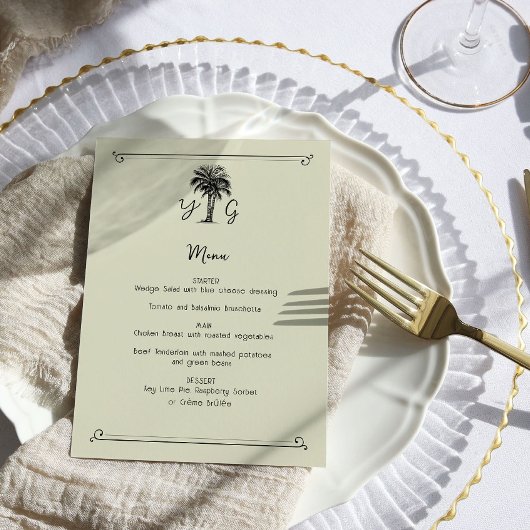 Monogram palmboom bruiloft menu
