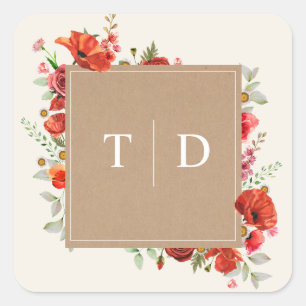 Monogram Papaver Wilde Bloem Karton Bruiloft Vierk Vierkante Sticker