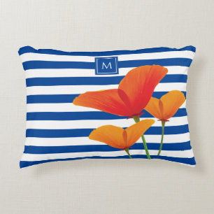Monogram papaverblauwe stripes accent kussen