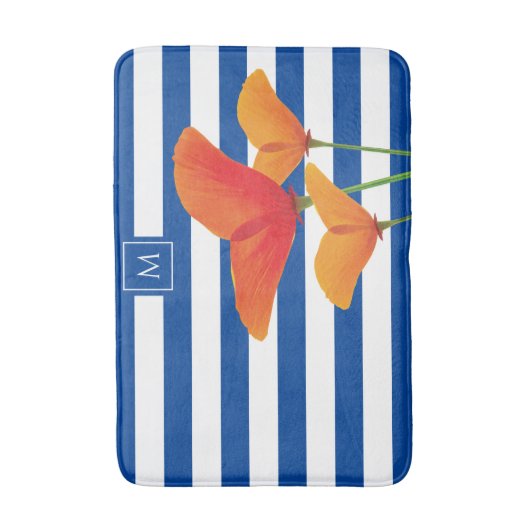 Monogram papaverblauwe stripes badmat (Voorkant Verticaal)