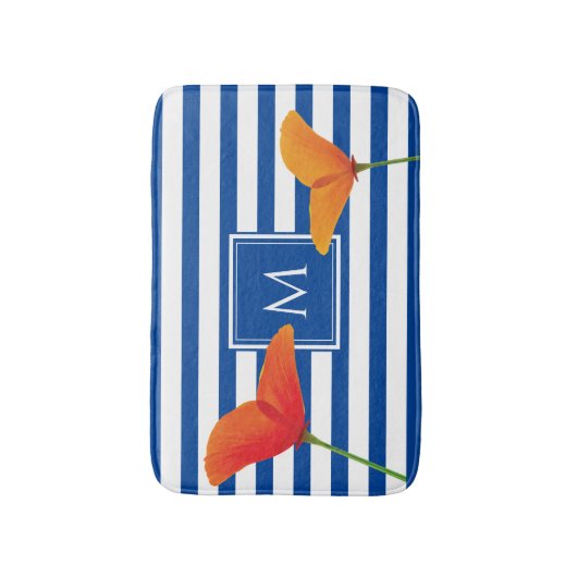 Monogram papaverblauwe stripes badmat (Voorkant Verticaal)