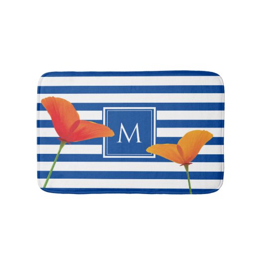 Monogram papaverblauwe stripes badmat (Voorkant)