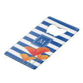 Monogram papaverblauwe stripes creditkaart flessenopener (Achterkant Gekanteld)