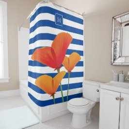 Monogram papaverblauwe stripes douchegordijn