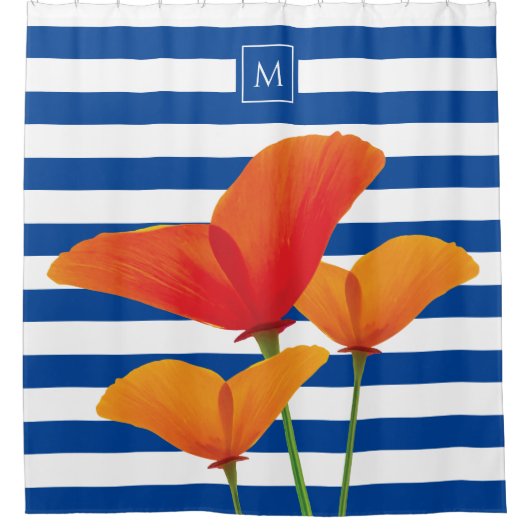 Monogram papaverblauwe stripes douchegordijn (Voorkant)