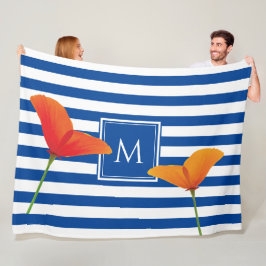 Monogram papaverblauwe stripes fleece deken