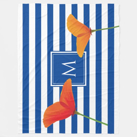 Monogram papaverblauwe stripes fleece deken (Voorkant)