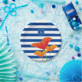 Monogram papaverblauwe stripes papieren bordje