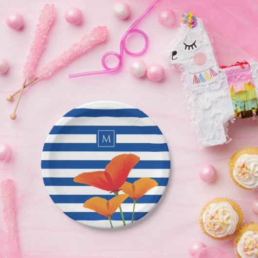 Monogram papaverblauwe stripes papieren bordje (Feest)