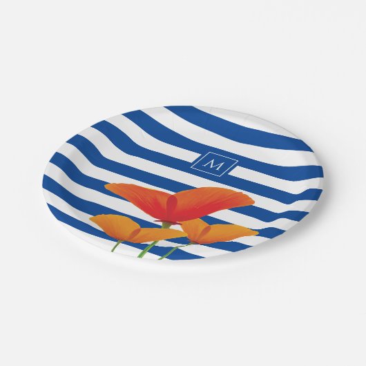 Monogram papaverblauwe stripes papieren bordje (Gekanteld)