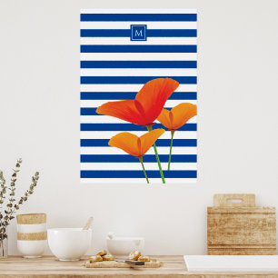 Monogram papaverblauwe stripes poster