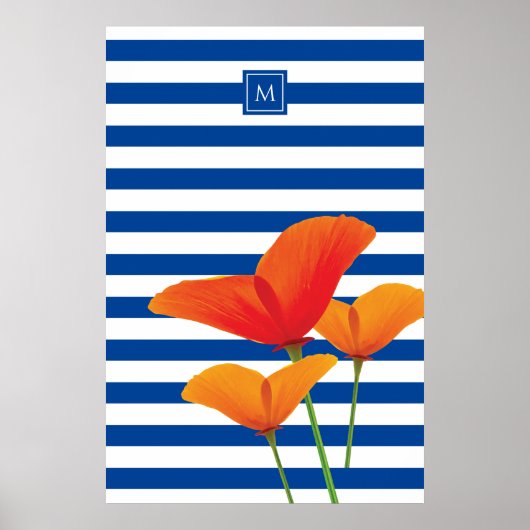 Monogram papaverblauwe stripes poster (Voorkant)