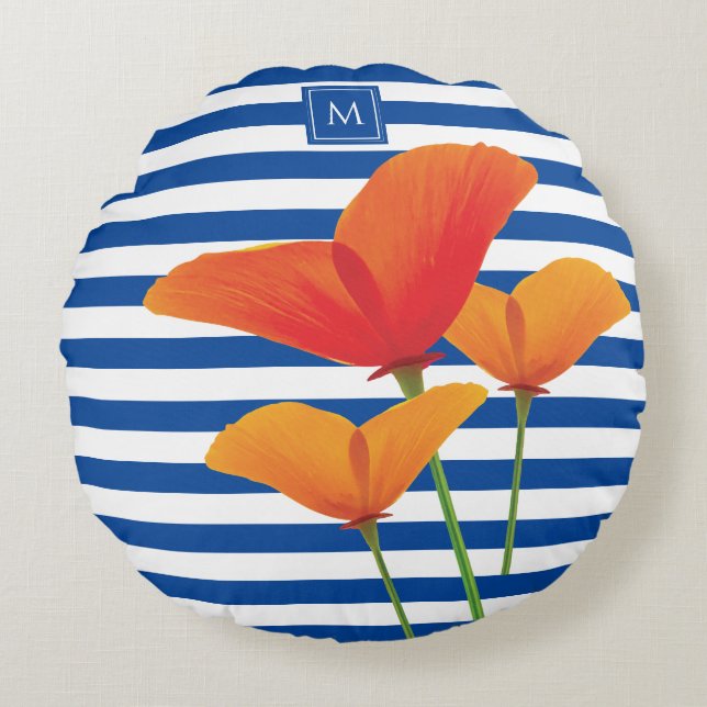 Monogram papaverblauwe stripes rond kussen (Voorkant)