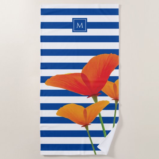 Monogram papaverblauwe stripes strandlaken (Voorkant)