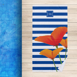 Monogram papaverblauwe stripes strandlaken