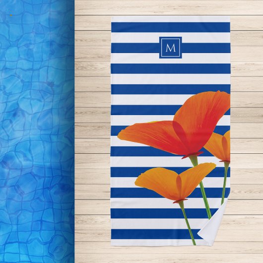 Monogram papaverblauwe stripes strandlaken