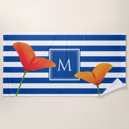 Monogram papaverblauwe stripes strandlaken (Voorkant)