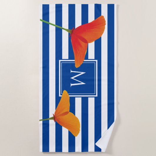 Monogram papaverblauwe stripes strandlaken (Voorkant)