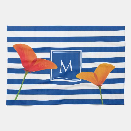 Monogram papaverblauwe stripes theedoek (Horizontaal)