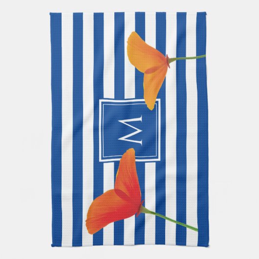 Monogram papaverblauwe stripes theedoek (Verticaal)