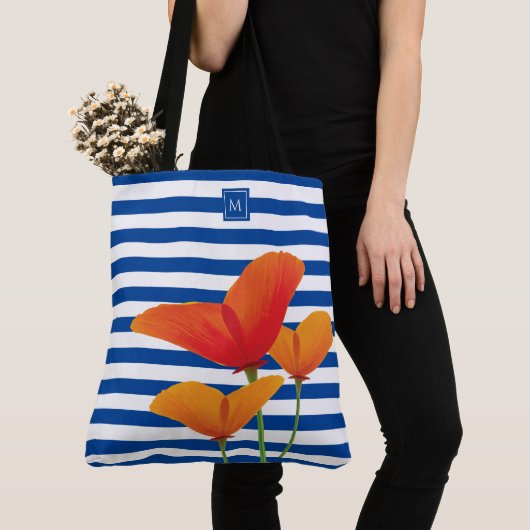Monogram papaverblauwe stripes tote bag (Dichtbij)