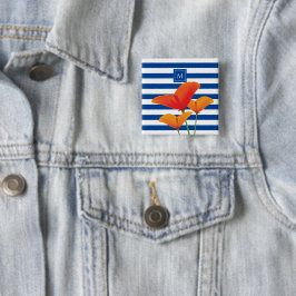 Monogram papaverblauwe stripes vierkante button 5,1 cm