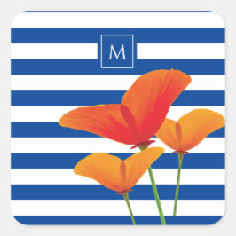 Monogram papaverblauwe stripes vierkante sticker