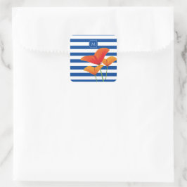 Monogram papaverblauwe stripes vierkante sticker