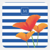 Monogram papaverblauwe stripes vierkante sticker (Voorkant)