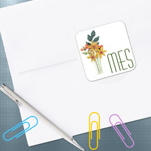Monogram, Papier Gewatteerde Bloemen, Skinny Font  Vierkante Sticker