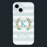 Monogram Paradise Floral en Mint Stripes iPhone 15 Case<br><div class="desc">Dit leuke trendy ontwerp is voorzien van een munt en een witte gestreepte achtergrond met kleurrijke florale kreet. Pas het ontwerp aan met jouw naam en monogram of andere tekst. Gebruik de ontwerphulpmiddelen om het even welke achtergrondkleur te kiezen, de tekstdoopvonten en de kleuren uit te geven of uw eigen...</div>