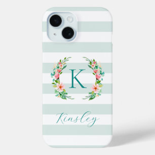 Monogram Paradise Floral en Mint Stripes iPhone 15 Case