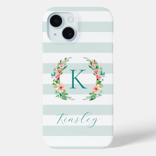 Monogram Paradise Floral en Mint Stripes Case-Mate iPhone Case (Achterkant)