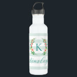 Monogram Paradise Floral en Stripes Waterfles<br><div class="desc">Dit leuke trendy design heeft een munt en witte gestreepte achtergrond met kleurrijke bloemenkrans. Personaliseer het ontwerp met jouw naam en monogram of andere tekst. Gebruik de ontwerpgereedschappen om een achtergrondkleur te kiezen, de tekstlettertypen en -kleuren te bewerken of uw eigen foto's te uploaden naar creëer, een unieke waterfles met...</div>