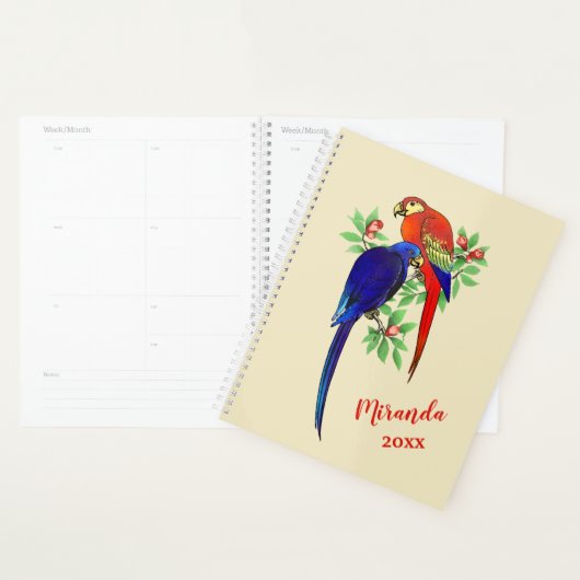 Monogram Parrots Blue Red Flowers beige Planner (Display)