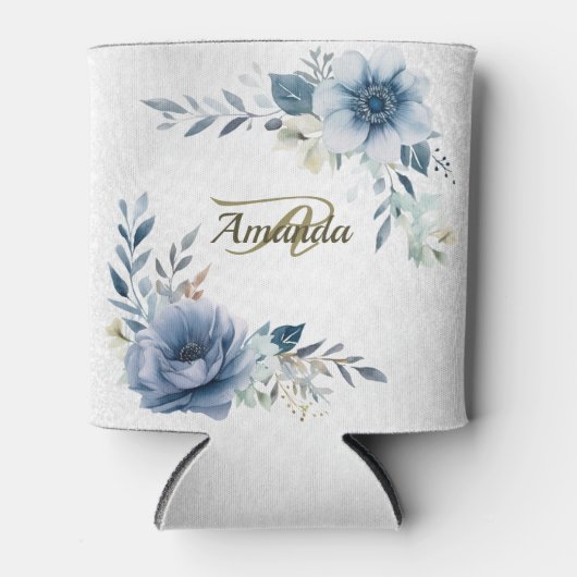 Monogram Party Dusty Blue Waterverf Flower Silver Blikjeskoeler (Voorkant)