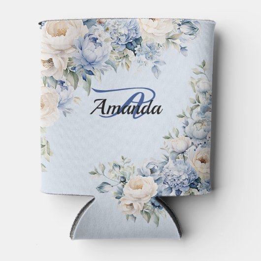 Monogram Party Dusty Blue Waterverf Ivoorbloemen Blikjeskoeler (Voorkant)
