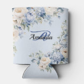 Monogram Party Dusty Blue Waterverf Ivoorbloemen Blikjeskoeler (Achterkant)
